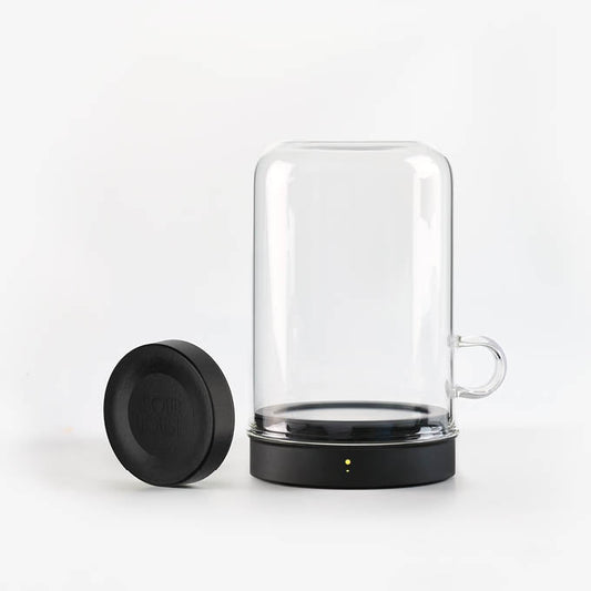 Goldie starter jar warmer with warming base, glass cloche, and Cooling Puck on white background