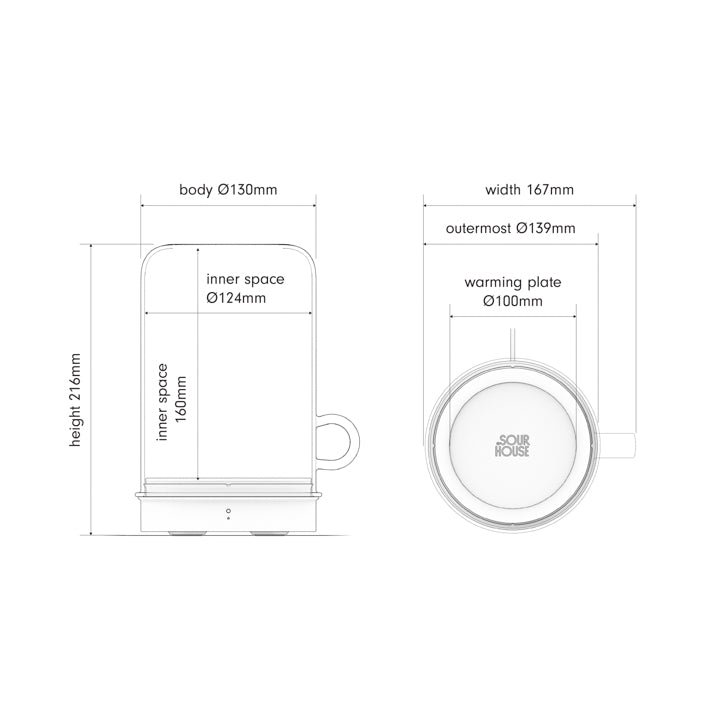 Goldie starter jar warmer dimensions in centimeters diagram