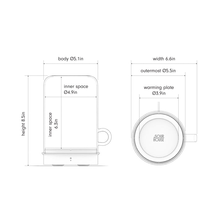 Goldie starter jar warmer dimensions in inches diagram