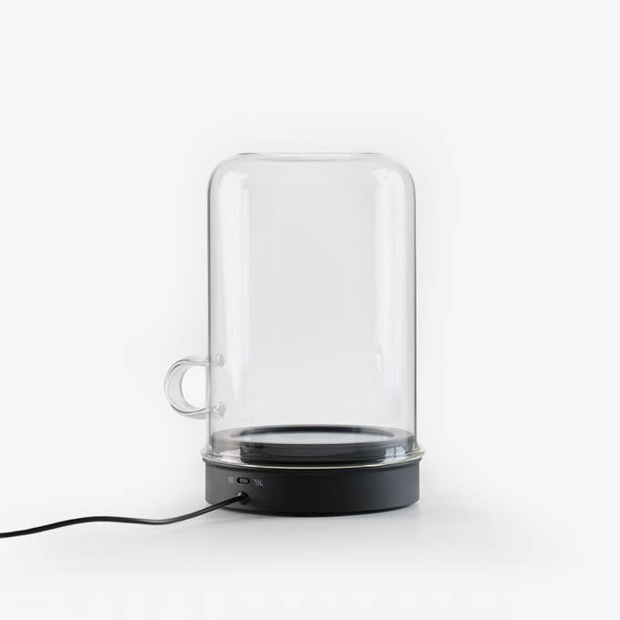 Rear view of Goldie starter jar warmer with warming base and glass cloche