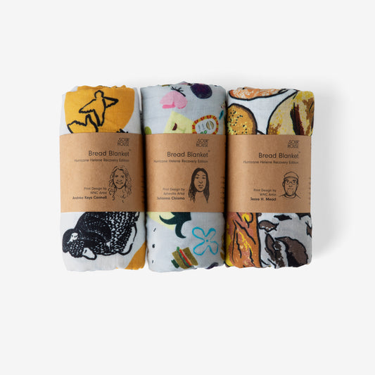 Three Bread Blankets with colorful designs and labels on a white background